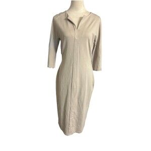 Marycrafts Women's Size 10 Beige Pleated Split V Neck  Midi Sheath 3/4 Dress